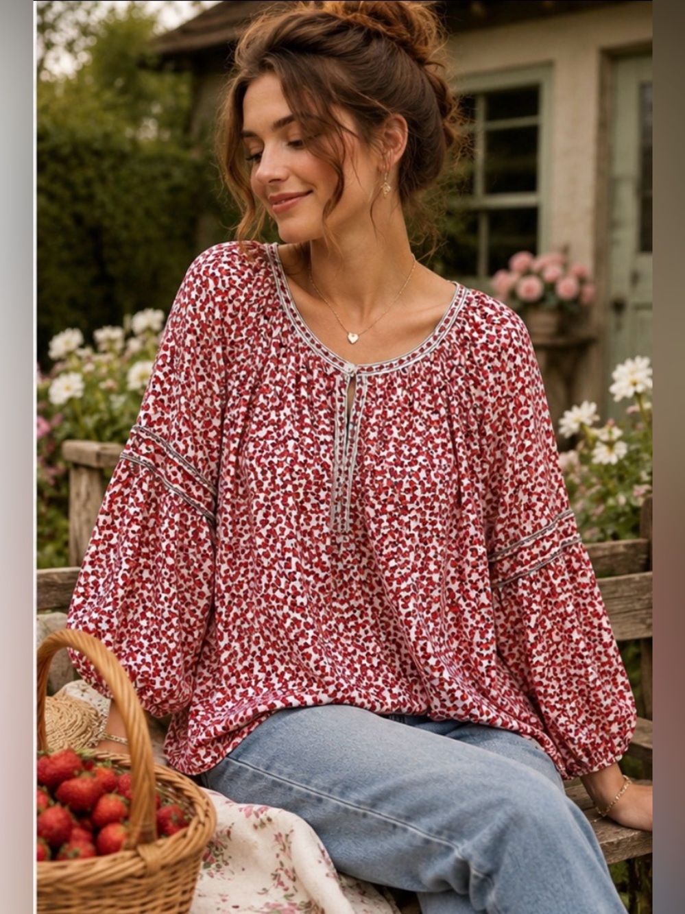 Max Studio Strawberry Print Peasant Blouse XS Oversized Boho Balloon Sleeve Top